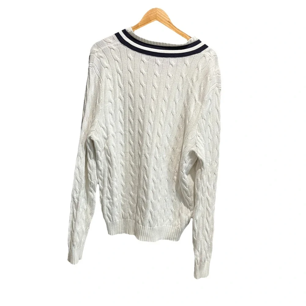 Polo Ralph Lauren White V Neck Cricket Tennis‎ Cable Knit Men's Sweater Size L